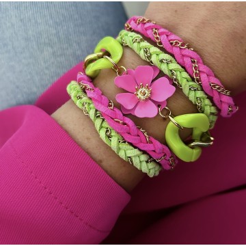 Bracelet multi-tours fuchsia et vert flash fleur doré créé à Liège.