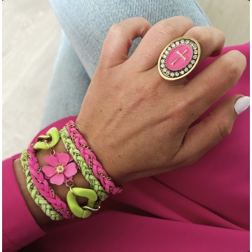Bracelet multi-tours fuchsia et vert flash fleur doré créé à Liège.