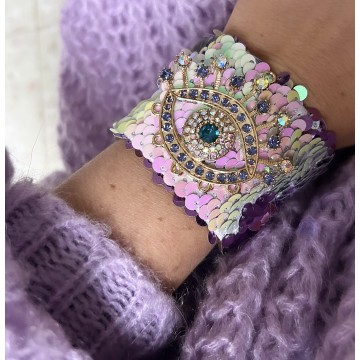 Manchette sequins mauve produite en Belgique.