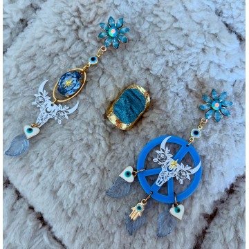 Boucles d'oreillespeace bubu bleu et blanc.